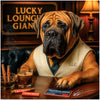 Large Mastiff in a cream vest with cigars and whiskey, lounging at a poker table with an elegant and composed expression.