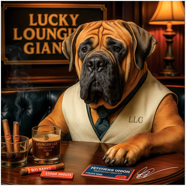 Large Mastiff in a cream vest with cigars and whiskey, lounging at a poker table with an elegant and composed expression.