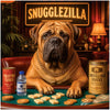 Mastiff dog at a poker table with gold chain, treats, and tiles in a cozy lounge labeled Snugglezilla.