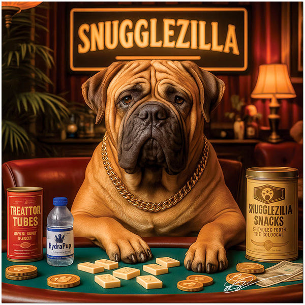 Mastiff dog at a poker table with gold chain, treats, and tiles in a cozy lounge labeled Snugglezilla.