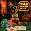 Miniature Pinscher dog in casino setting wearing a gold bow tie labeled "High Paw Roller," with poker chips and playing cards.