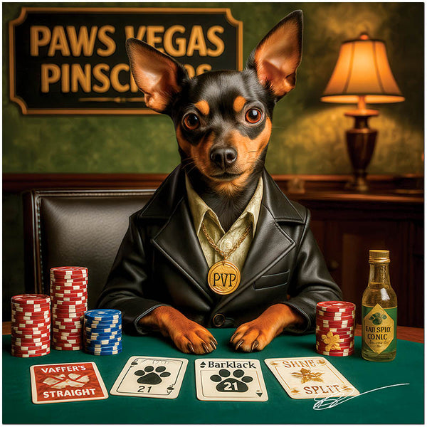 Miniature Pinscher dressed in leather jacket and gold medallion sitting at a poker table with paw-printed cards and colorful chips.