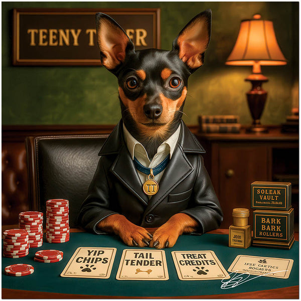 Tiny in size but big in bluff—Teeny Teaser showcases a Miniature Pinscher dressed to deal and destined to dazzle. A must for casino and dog lovers.