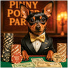 Miniature Pinscher in tuxedo and gold bowtie at poker table with casino chips and themed currency.