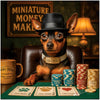 Miniature Pinscher wearing a fedora at a poker table surrounded by themed chips, dog cards, and a mug labeled “Mini Brew.”