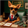 Miniature Pinscher wearing sunglasses and suit at a poker table surrounded by themed chips, pup cards, and a Pup Peso note.