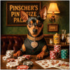 Miniature Pinscher dressed in formal attire seated at a poker table with gold collar tag, custom chips, and full poker hand.