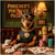 Miniature Pinscher dressed in formal attire seated at a poker table with gold collar tag, custom chips, and full poker hand.