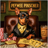 Miniature Pinscher in a black suit and gold tie at a poker table with custom chips and playful treat-themed bonds.