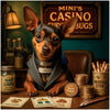 Miniature Pinscher dog in a leather jacket at a poker table with nap chips and cuddle-themed tokens in a cozy casino scene.