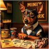 Miniature Pinscher in vest and bow tie with poker chips and betting cards in a cozy casino bar scene
