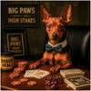 Miniature Pinscher in bow tie playing poker with bone-themed cards and chips in an elegant casino setting