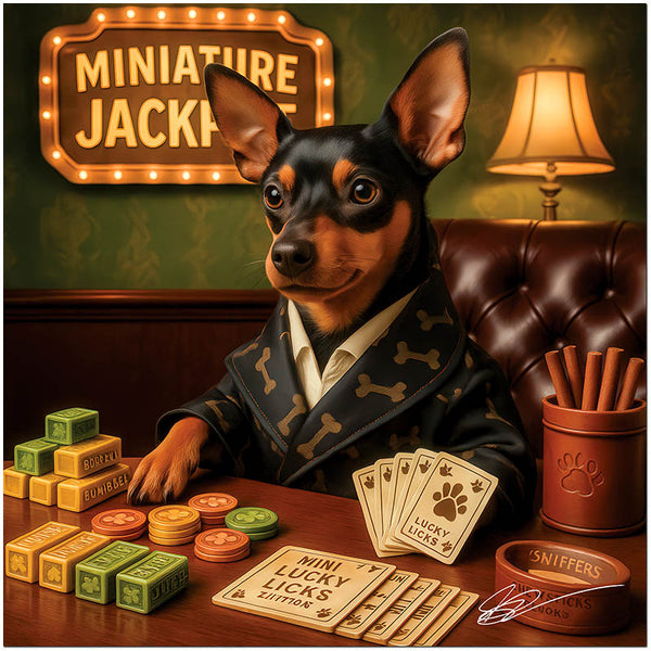 Miniature Pinscher dressed in a poker suit with casino chips and cards, surrounded by humorous dog-themed gambling tokens