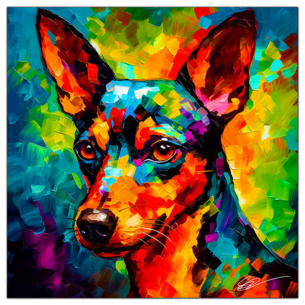 Colorful Miniature Pinscher portrait in modern art style, perfect for home decor.