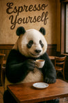 Metal wall art featuring a panda enjoying espresso coffee in a cafe setting