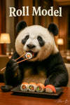 Humorous artwork of panda eating sushi titled Roll Model III