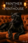 Sophisticated black panther lounging on leather sofa artwork titled Panther In The Penthouse