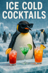 Stylish penguin bartender in sunglasses serving colorful cocktails on ice titled Ice Cold Cocktails
