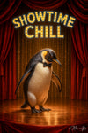 Elegant penguin in bowtie standing on stage under spotlight titled Showtime Chill II