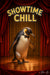 Elegant penguin in bowtie standing on stage under spotlight titled Showtime Chill II