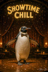 Showtime Chill penguin with bowtie on stage metal print artwork