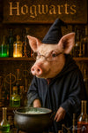 Pig dressed as a wizard brewing potion in a medieval potion lab with bubbling cauldron in artwork titled Hogwarts