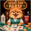 Vegas Pom Party metal print featuring a smiling Pomeranian dog at a festive poker table with playful poker cards, chips, and delightful canine-themed drinks