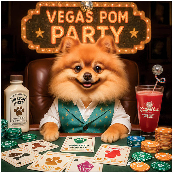 Vegas Pom Party metal print featuring a smiling Pomeranian dog at a festive poker table with playful poker cards, chips, and delightful canine-themed drinks