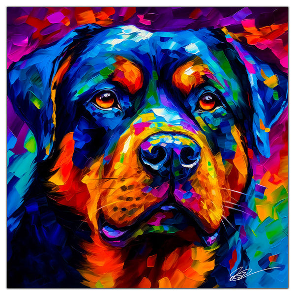 Colorful Rottweiler portrait in modern art style, perfect for home decor.