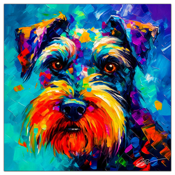 Colorful Schnauzer portrait in modern art style, perfect for home decor.