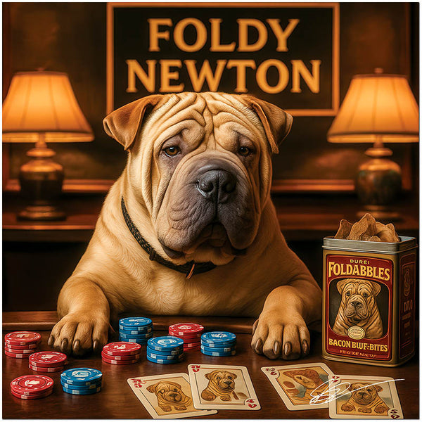 shar pei at poker table with red and blue chip stacks and tin of Foldabbles Bacon Buff Bites
