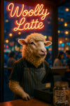 Sheep barista under neon sign coffee shop metal wall art