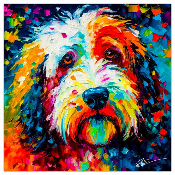 Colorful Sheepadoodle portrait in modern art style, perfect for home decor.