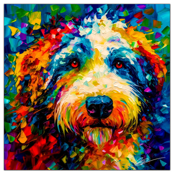 Colorful Sheepadoodle portrait in modern art style, perfect for home decor.