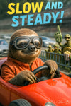 Slow and Steady II sloth racing car humorous metal print artwork