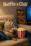 Nutflix and Chill squirrel relaxing with popcorn and soda cozy metal print artwork