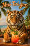 Mai-Tai-ger II tiger enjoying tropical Mai Tai cocktail beach metal print artwork