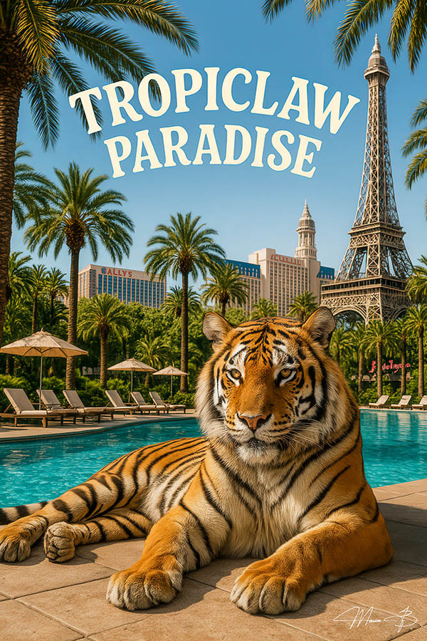 Tropiclaw Paradise tiger relaxing poolside Las Vegas metal print