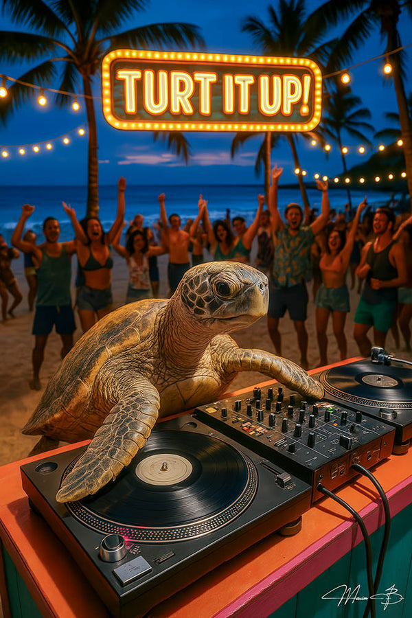 Turtle DJ at beach party spinning records metal wall art