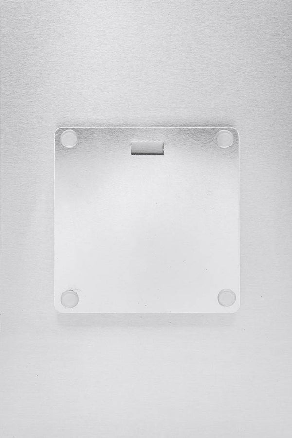 Back of metal print artwork showing a central sawtooth hanger and four round rubber bumper tabs at each corner; no framing needed, arrives ready to hang.