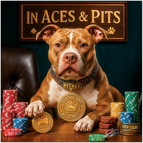 All-In Aces & Pits metal print depicting a Pitbull dog with colorful poker chips, golden tokens, and casino-style décor