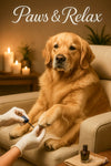 Golden retriever getting a pawdicure in a candlelit spa setting in artwork titled Paws & Relax