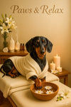 Dachshund in a white robe enjoying a spa day with candles and flower bowl in artwork titled Paws & Relax II