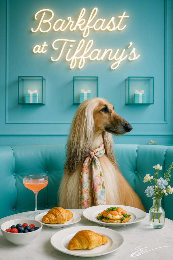 Afghan Hound in floral scarf on teal banquette with croissants, eggs benedict, berries, cocktail & neon sign – Barkfast at Tiffany’s metal print
