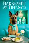 Belgian Malinois in a teal scarf at Tiffany-blue table with ricotta-herb toasts, spinach quiche wedge, peach cocktail, white flower and gift-box display