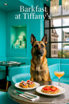 Belgian Malinois wearing a teal scarf seated at a Tiffany-blue table with fig tartlets, tomato toast, a peach cocktail, window view and chandelier