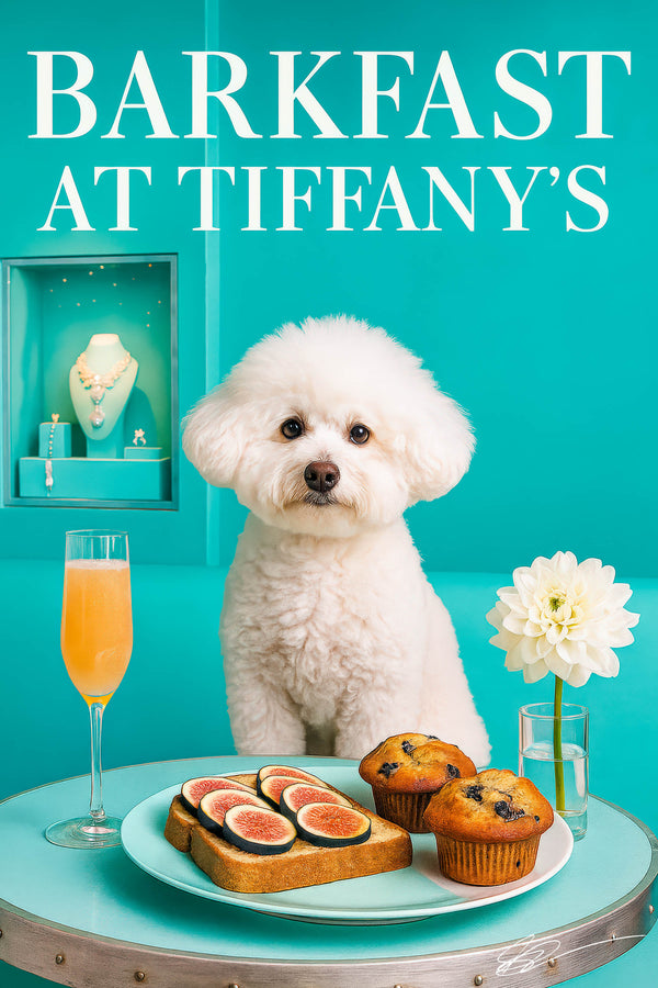 Fluffy Bichon Frise seated on Tiffany-blue banquette with fig-topped toast, blueberry muffins, a peach cocktail flute, white flower, and jewelry display