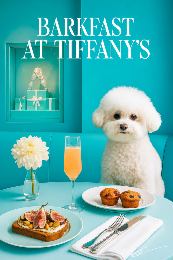 Fluffy Bichon Frise seated at a Tiffany-blue banquette with fig-and-nut topped toast, blueberry muffins, a peach cocktail flute, a white flower in a vase, and a jewelry gift-box display