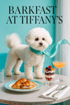 Bichon Frise wearing a teal scarf standing on a Tiffany-blue banquette behind a table with ham croissant sandwiches, berry parfait, peach cocktail, and a water glass