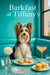 Biewer Terrier wearing a turquoise bow perched at a Tiffany-blue banquette with plates of ricotta-pistachio canapés, tomato-radish bruschetta, lemon muffins, and a peach cocktail by a flower vase and window